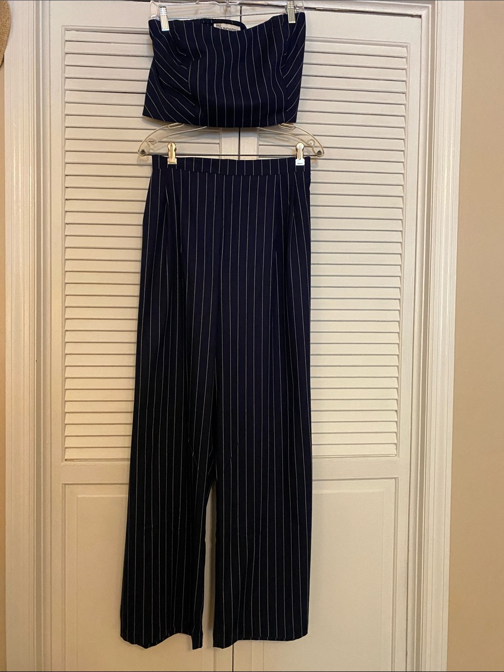 2 Piece Set Navy Stripped - Strapless Bandeau Top & Wide-Leg Pants - Women